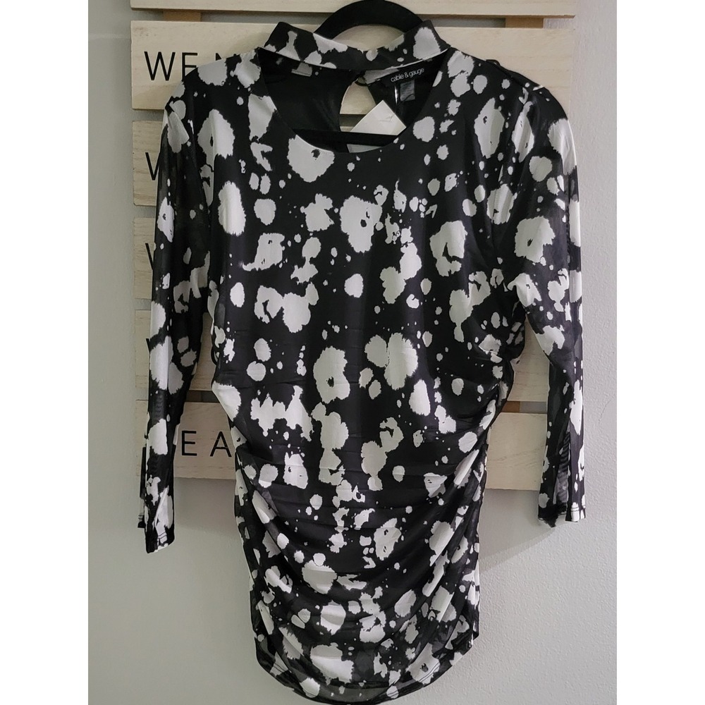 Womens Top-CABLE & GAUGE-black/white pattern stretch knit 3/4 Size L - Picture 12 of 13